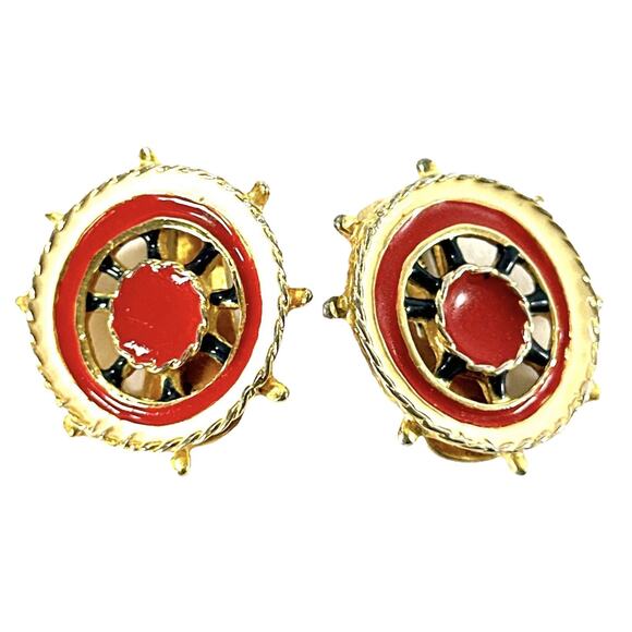 Vintage Nautical Ship Wheel Clip-On Earrings Red Enamel Gold Tone Maritime - Picture 1 of 4
